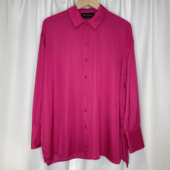 Decjuba Pink Fuchsia Demi Oversized Satin Shirt Blouse Top Size M Long Sleeve - Picture 2 of 15